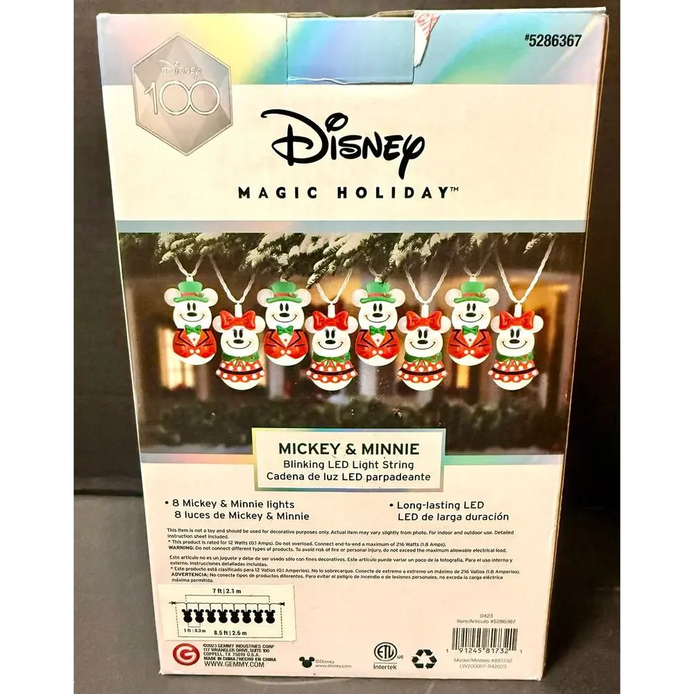 Disney Magic Holiday blinking LED light string 8 Mickey & Minnie Mouse snowman